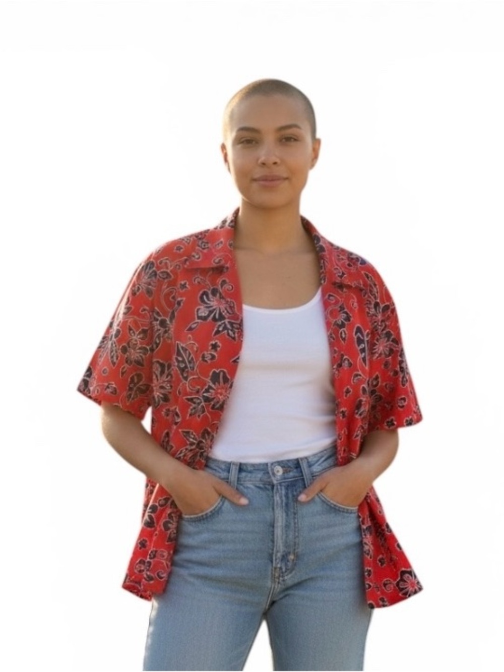 VTG Hipwear Floral Hibiscus Hawaiian Aloha Camp Shirt Sz L Buttoned Red Navy SS